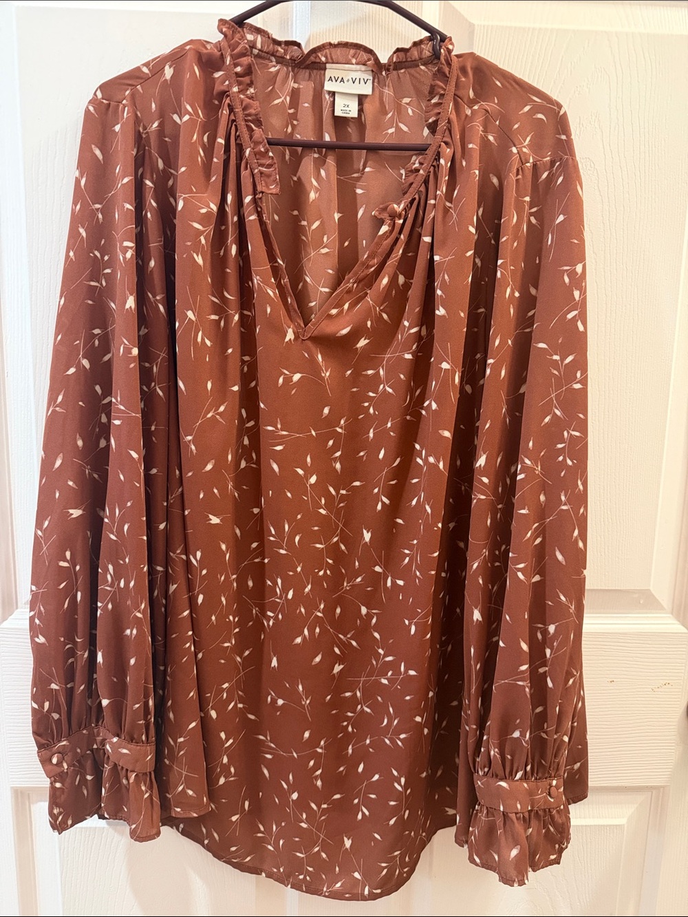 Ava & Viv Rust Botanical Ruffle-Neck Blouse Size 2X